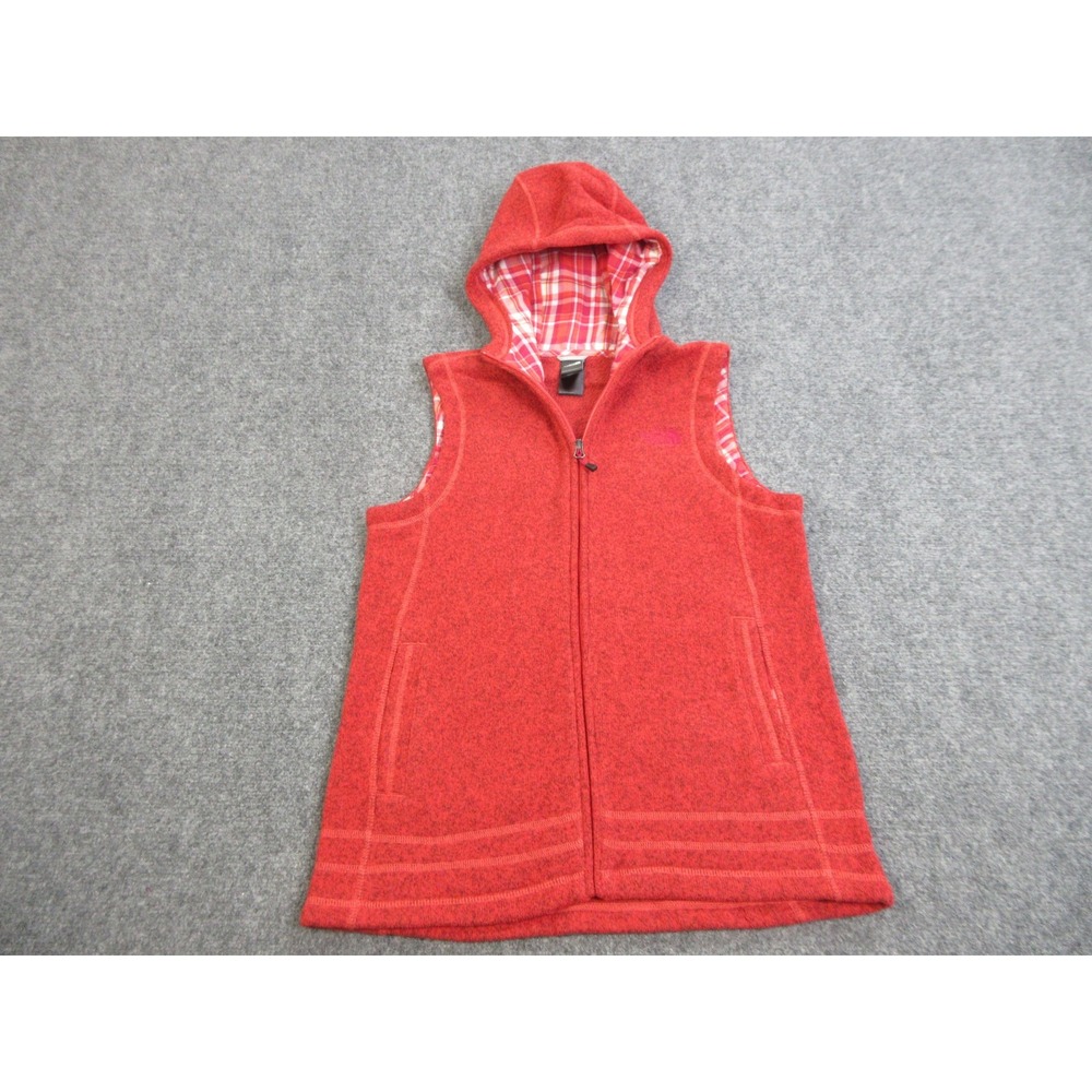 The North Face Vest Womens Large Red Fleece Hooded Full Zip Plaid Lined Outdoor